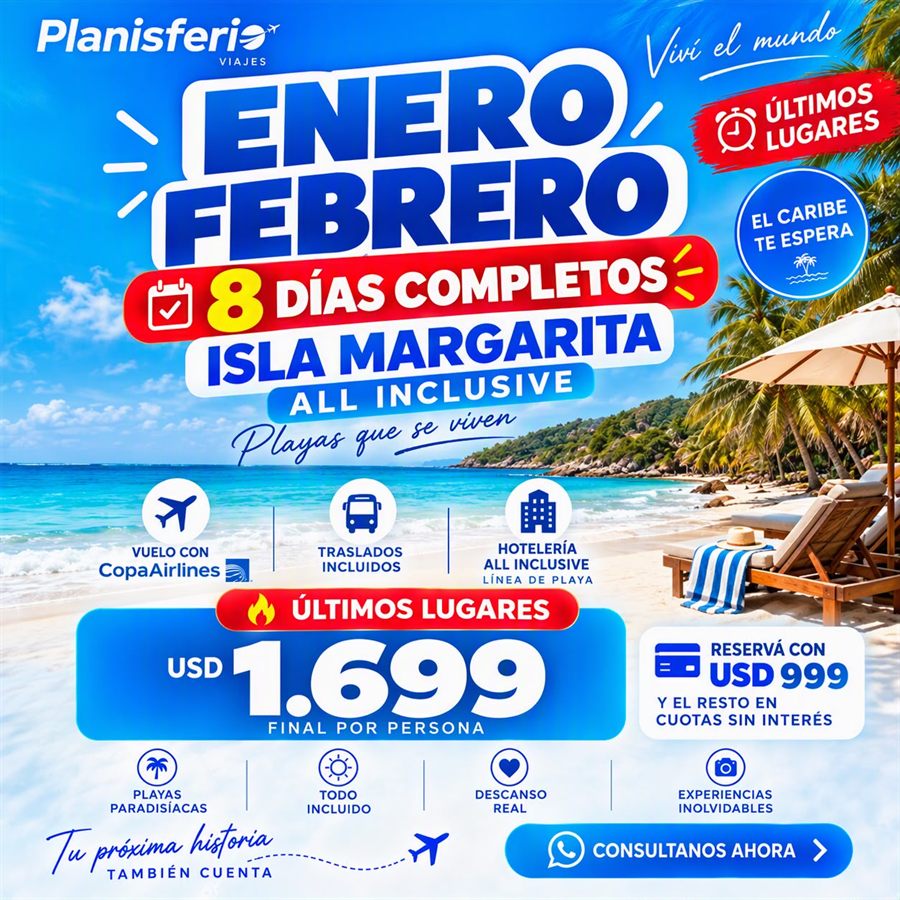 Flyer Isla Margarita all inclusive, enero y febrero