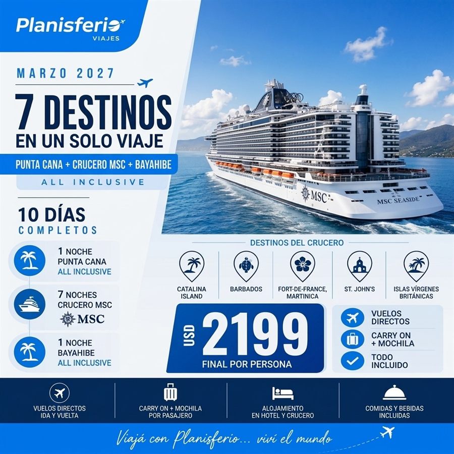 Flyer Punta Cana, crucero MSC y Bayahibe, marzo 2027